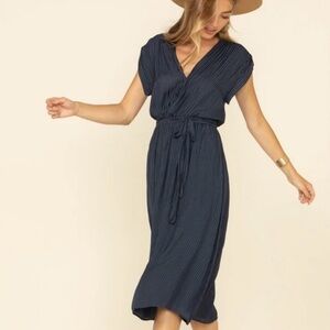 NWT Rag Poets Elegant Navy Striped Chalet Midi Dress Women's Large Fall Trends